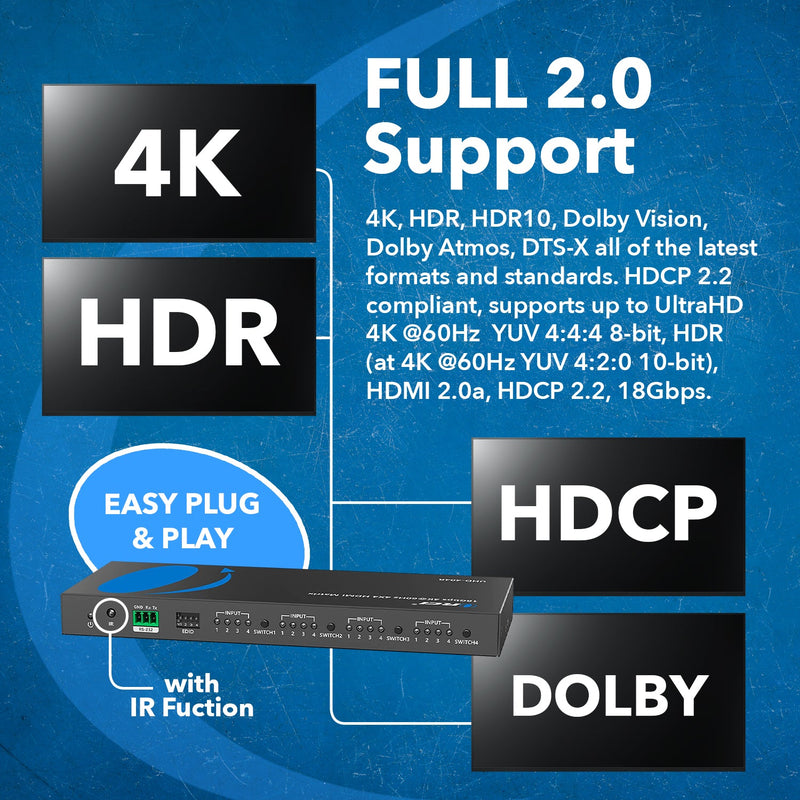 4K@60Hz 4x4 HDMI Matrix with RS-232 and Downscale (UHD-404R)