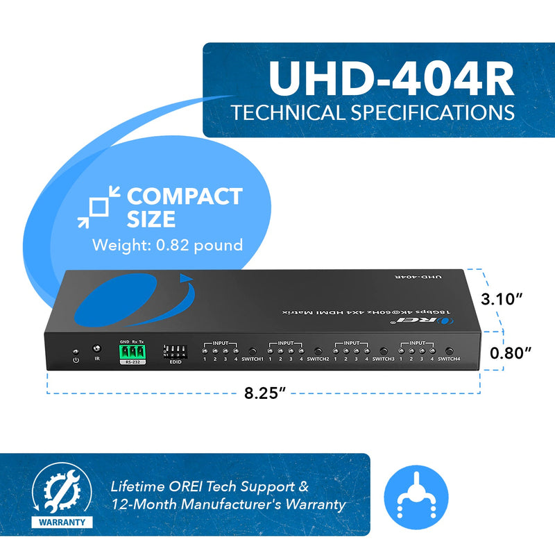 4K@60Hz 4x4 HDMI Matrix with RS-232 and Downscale (UHD-404R)