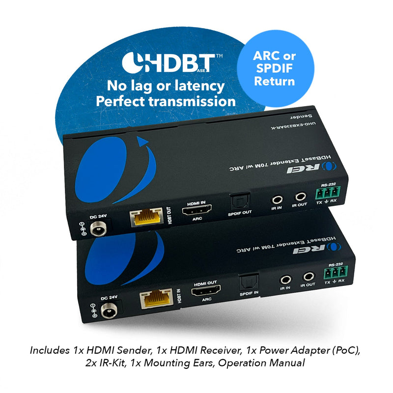 4K UHD HDMI Extender With HDBaseT Over CAT5e/6/7 Supports ARC & Bi-Directional IR Control up to 230 Ft (UHD-EXB230AR-K)