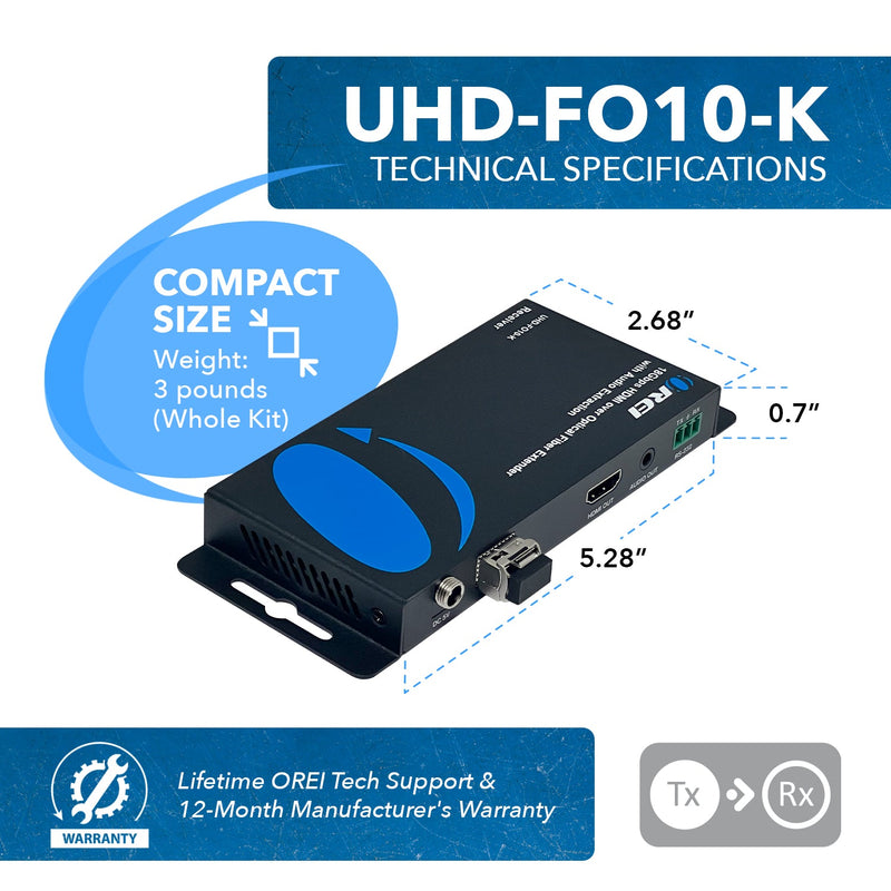 4K HDMI over Optical Fiber Extender with Audio Extraction and Bi-Directional IR (UHD-FO10-K)