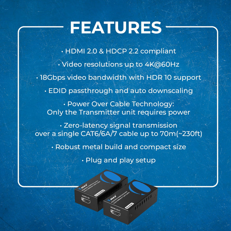 4K HDMI Extender Over CAT6/7 -230 ft - EDID & Power Over Cable  (UHD-IPC230-K)