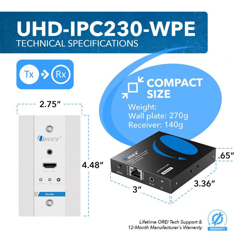 4K HDMI Extender Over Single CAT6/7 With 4K@60Hz Wall Plate Transmitter, HDR & IR Control Upto 230ft (UHD-IPC230-WPE)