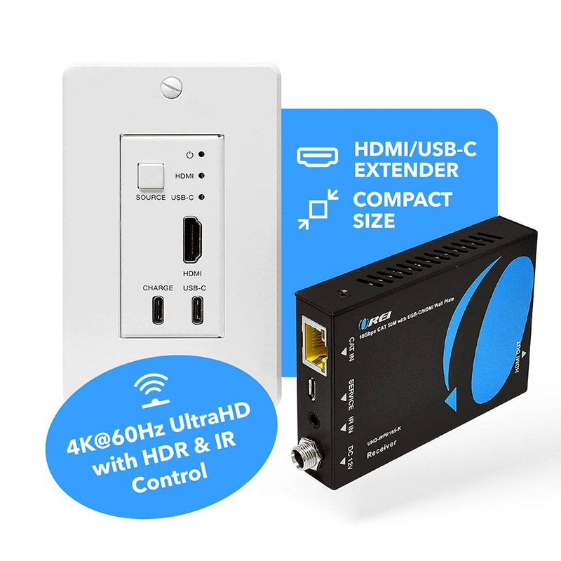 4K HDMI/USB-C Extender Over Single CAT6/7 with 4K@60Hz Wall Plate Transmitter, HDR & IR Control Upto 165ft (UHD-WPE165-K)