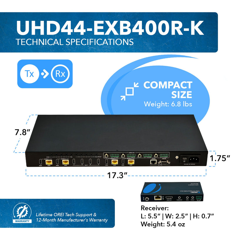 4x4 HDMI Extender With HDBaseT Over CAT5e/6/7 Upto 400 Ft - IR Control & EDID Management (UHD44-EXB400R-K)