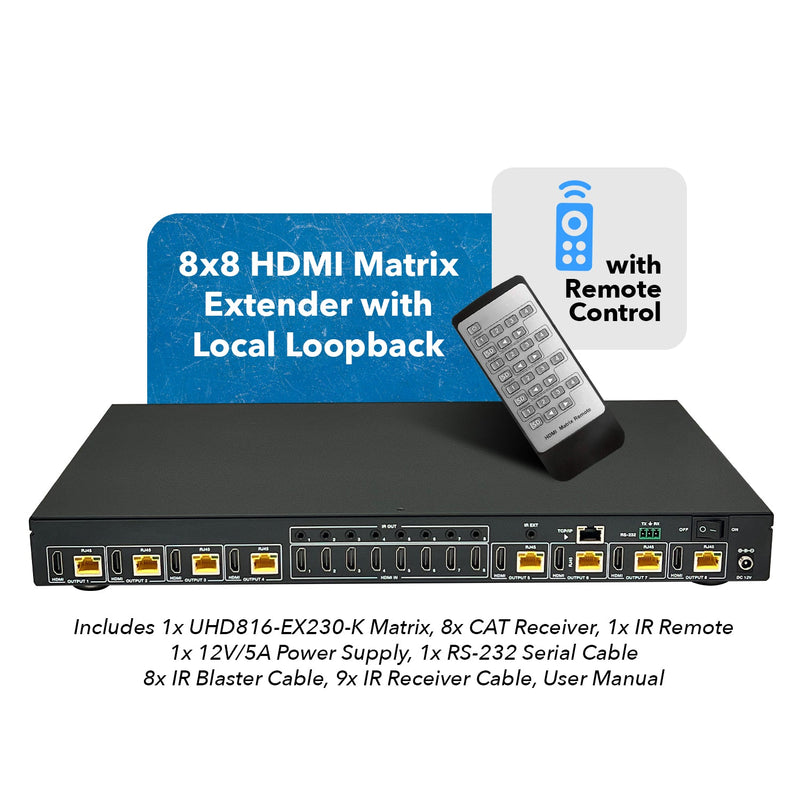 4K 8x8 HDMI Matrix Extender with IR & RS-232 control upto 230 feet (UHD816-EX230-K)