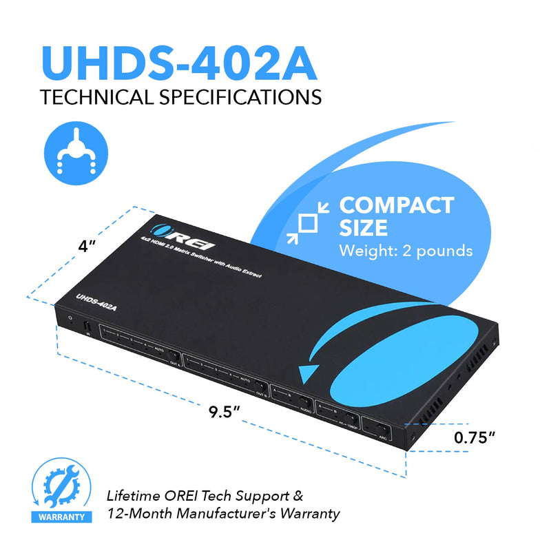 4x2 HDMI Matrix Switcher with Audio Extraction (UHDS-402A)