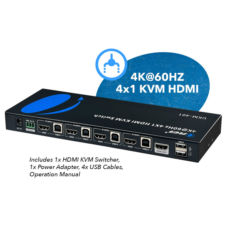 OREI 4K@60Hz 4X1 HDMI KVM Switch with RS-232 Control (UKM-401)