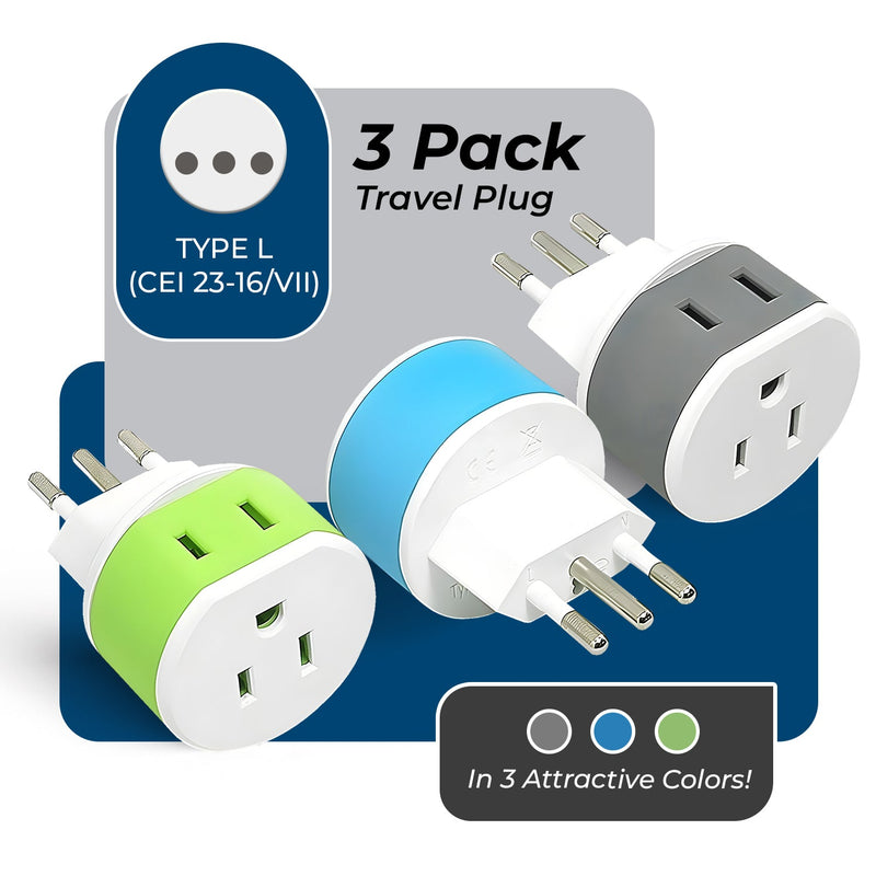 Italy, Uruguay Travel Adapter - 2 in 1 - Type L - Compact Design (US-12A)