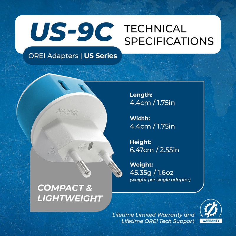 European Travel Adapter - 2 in 1 - Type C - Compact Design (US-9C)