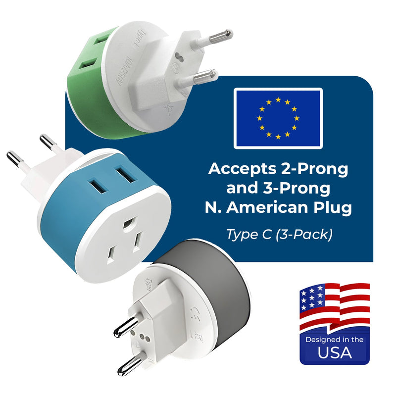 European Travel Adapter - 2 in 1 - Type C - Compact Design (US-9C)