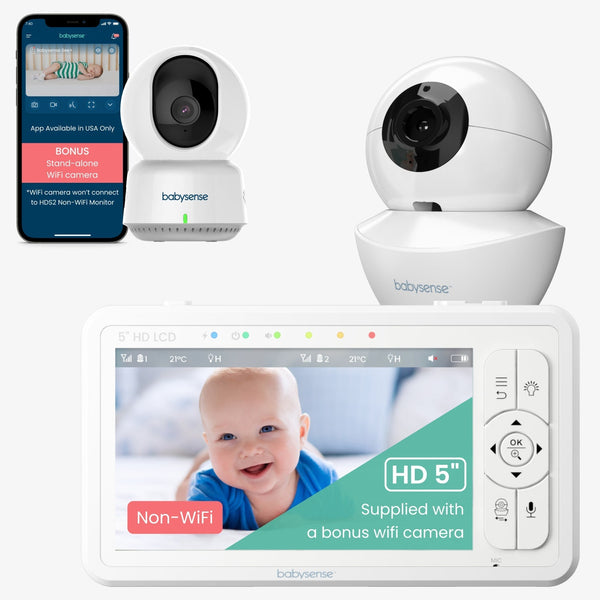 Paquete doble Babysense HD: monitor de video para bebés, sin WiFi, máquina de luz nocturna + monitor de bebé WiFi adicional con aplicación detectada 