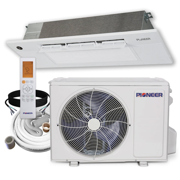 Sistema completo de aire acondicionado con bomba de calor minisplit de casete de techo unidireccional Pioneer® de 12 000 BTU y 22 SEER2 de 230 V