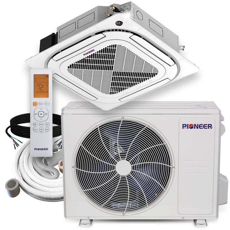 Sistema completo de aire acondicionado con bomba de calor de 24 000 BTU, 21,5 SEER2, minisplit de casete delgado de 8 vías, 230 V, Pioneer®