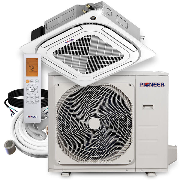 Sistema completo de aire acondicionado con bomba de calor de 8 vías y minisplit de casete delgado Pioneer® de 36 000 BTU, 19,2 SEER2, 230 V