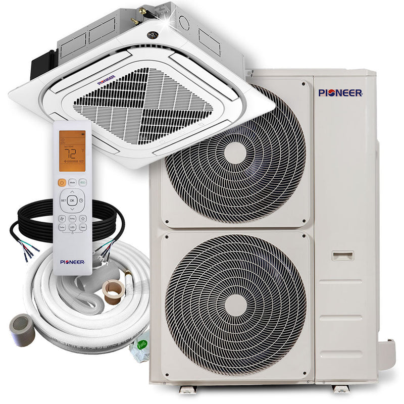 Sistema completo de aire acondicionado con bomba de calor de 230 V, minisplit, casete delgado de 8 vías, 48 ​​000 BTU y 18,5 SEER2 de Pioneer®