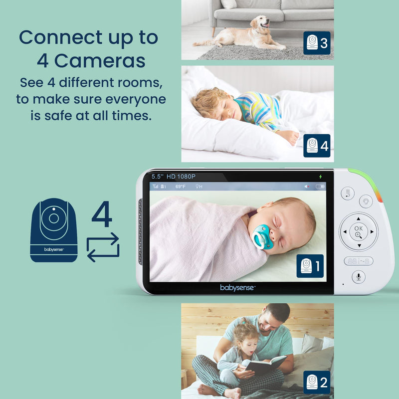 Babysense Max View: monitor de video para bebés con 2 cámaras, sin wifi, pantalla dividida, luz nocturna y dispositivo de sonido