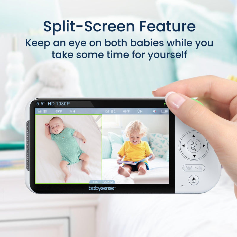 Babysense Max View: monitor de video para bebés con 2 cámaras, sin wifi, pantalla dividida, luz nocturna y dispositivo de sonido