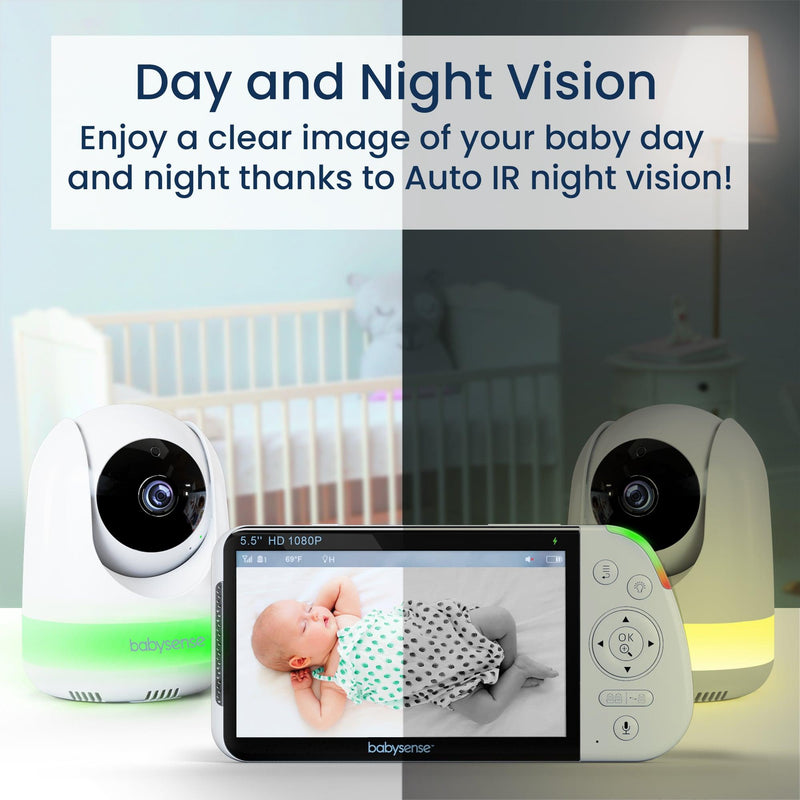 Babysense Max View: monitor de video para bebés con 2 cámaras, sin wifi, pantalla dividida, luz nocturna y dispositivo de sonido