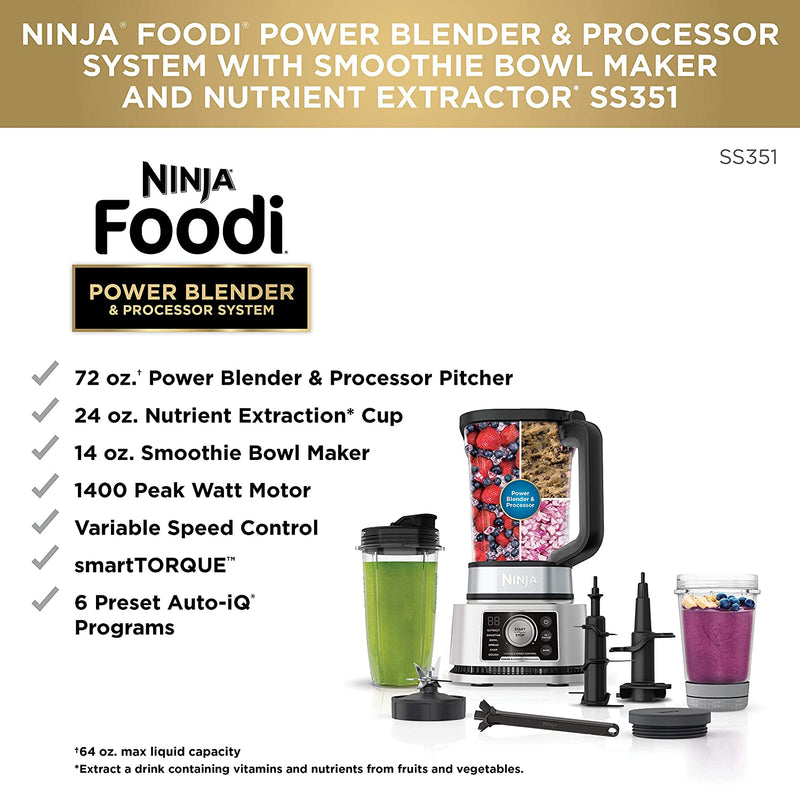 NINJA Foodi Smoothie Bowl Maker, 24 oz. Blender 2 Speeds Stainless